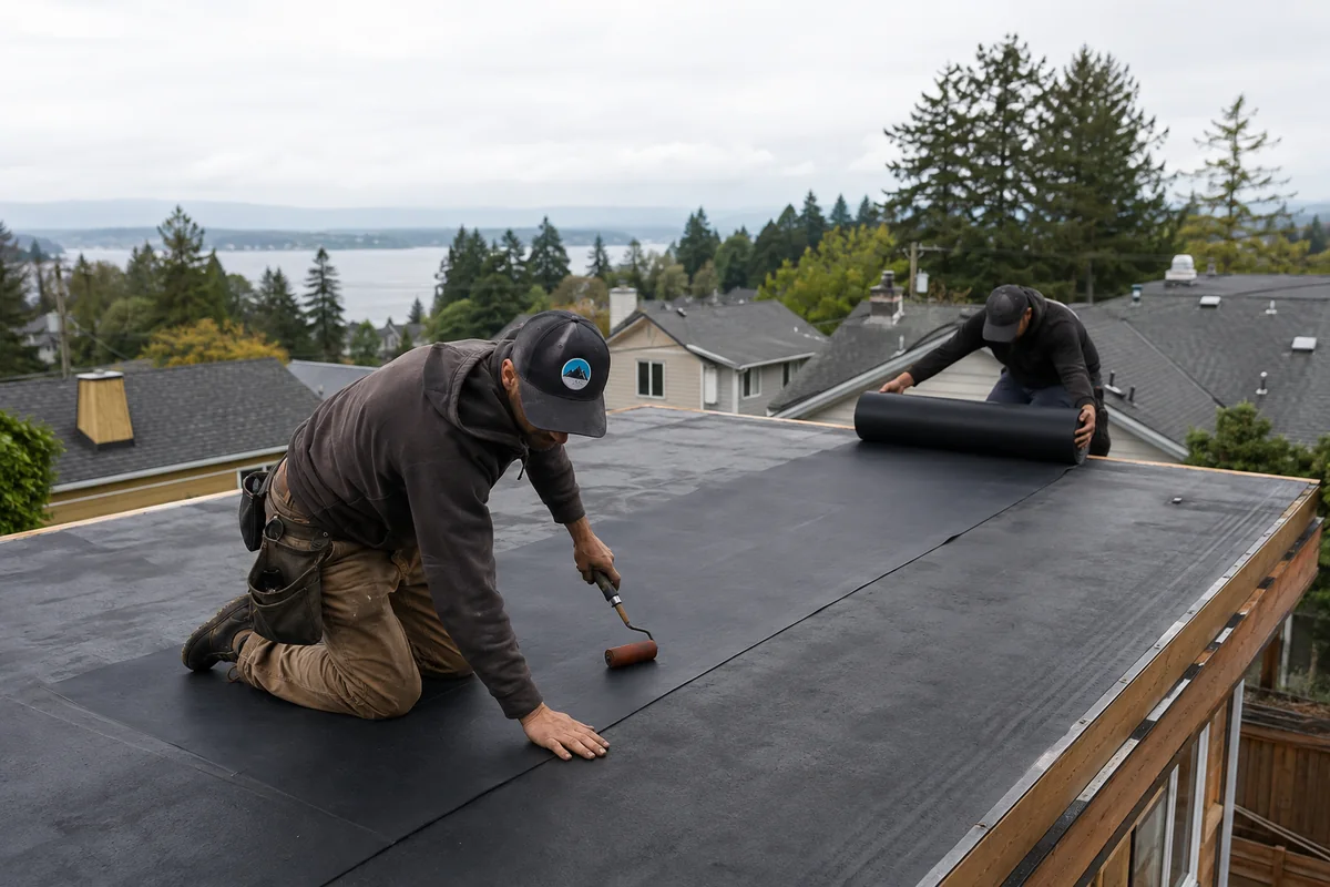 Flat Roof Replacement underway on a property in Everett, WA