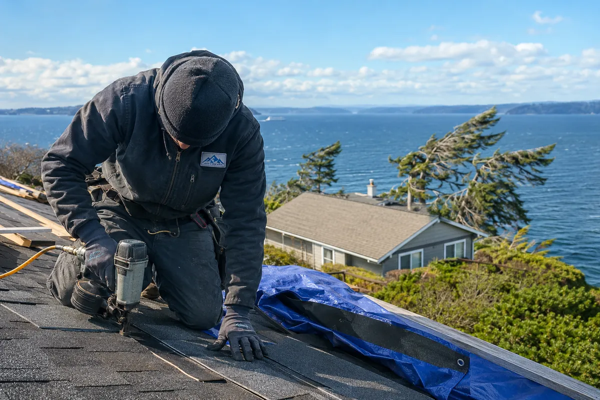 Roofing crew working on a property in Mukilteo, WA