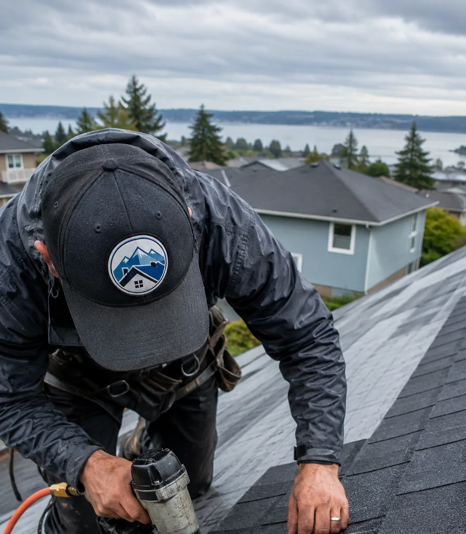 Roofing crew installing architectural asphalt shingles on a residential home in Everett, Washington