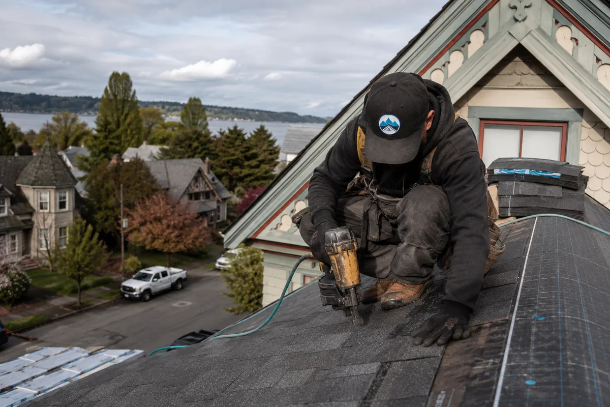 Roofing crew working on a property in Snohomish, WA