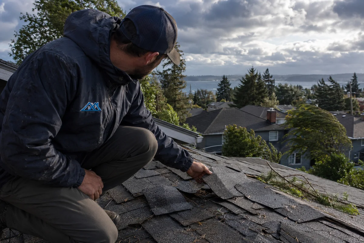 Storm & Wind Damage Roof Repair underway on a property in Everett, WA